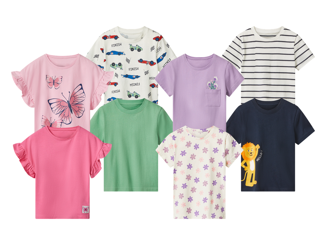 Devet dječjih majica kratkih rukava s raznim uzorcima, uključujući leptire, trkaće automobile i cvijeće.