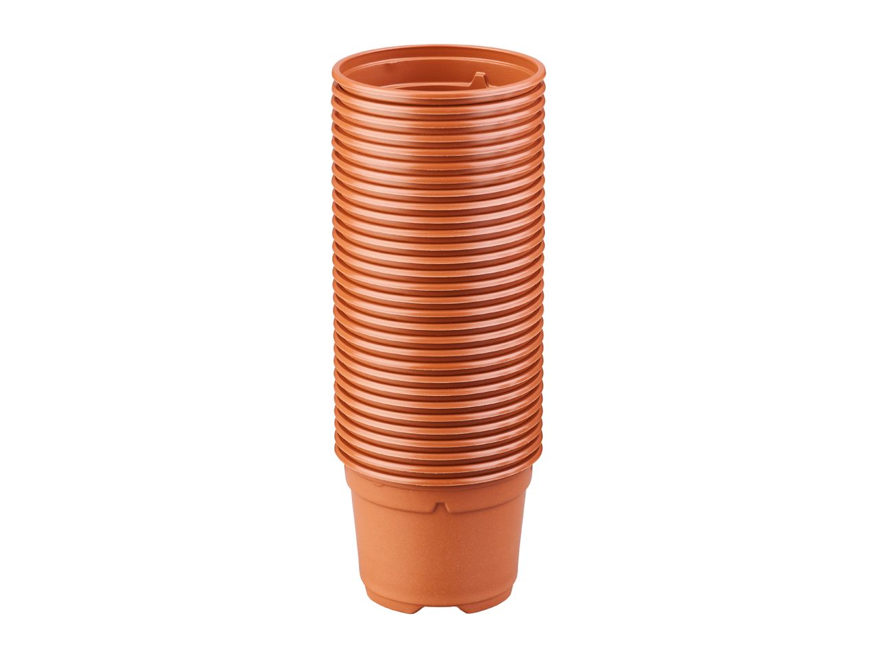 Stack of brown plastic plant pots