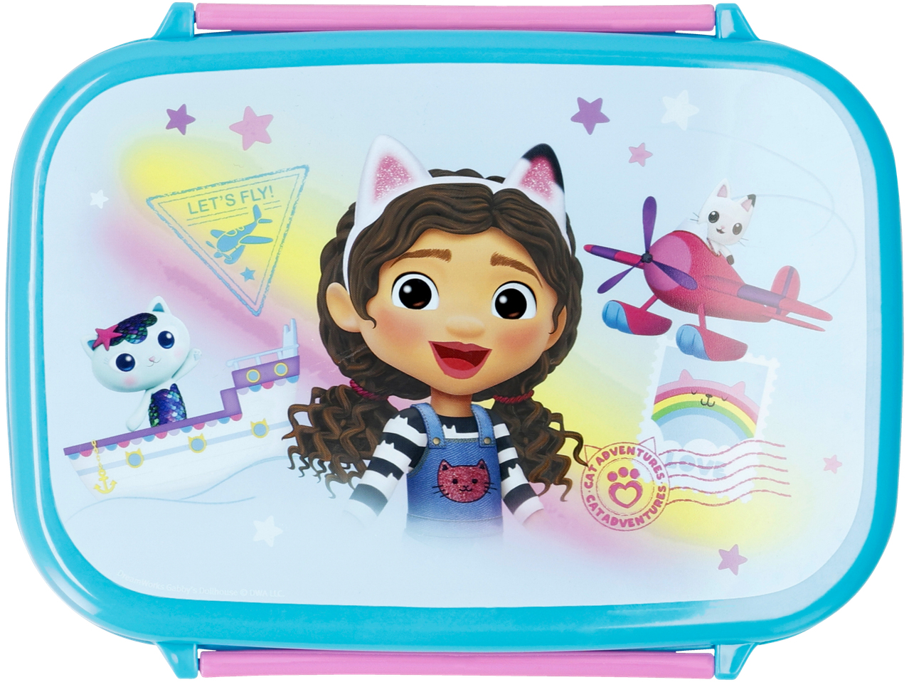 Gabby's Dollhouse priešpiečių dėžutė su Gabby ir skraidančiomis bei plaukiojančiomis katytėmis.
