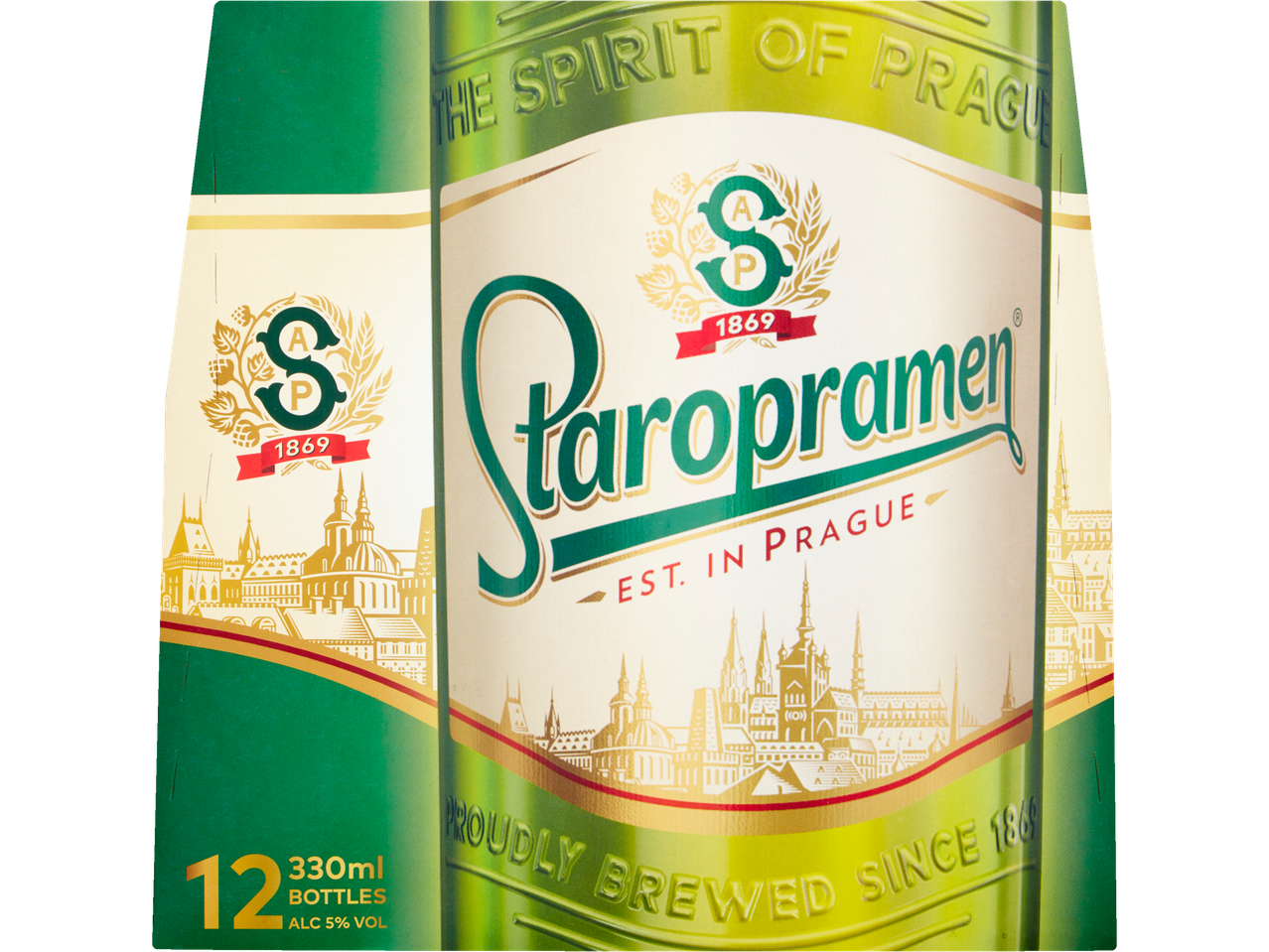 Staropramen Beer 12-pack with Prague cityscape and brand logo, 330ml bottles, 5% ABV.