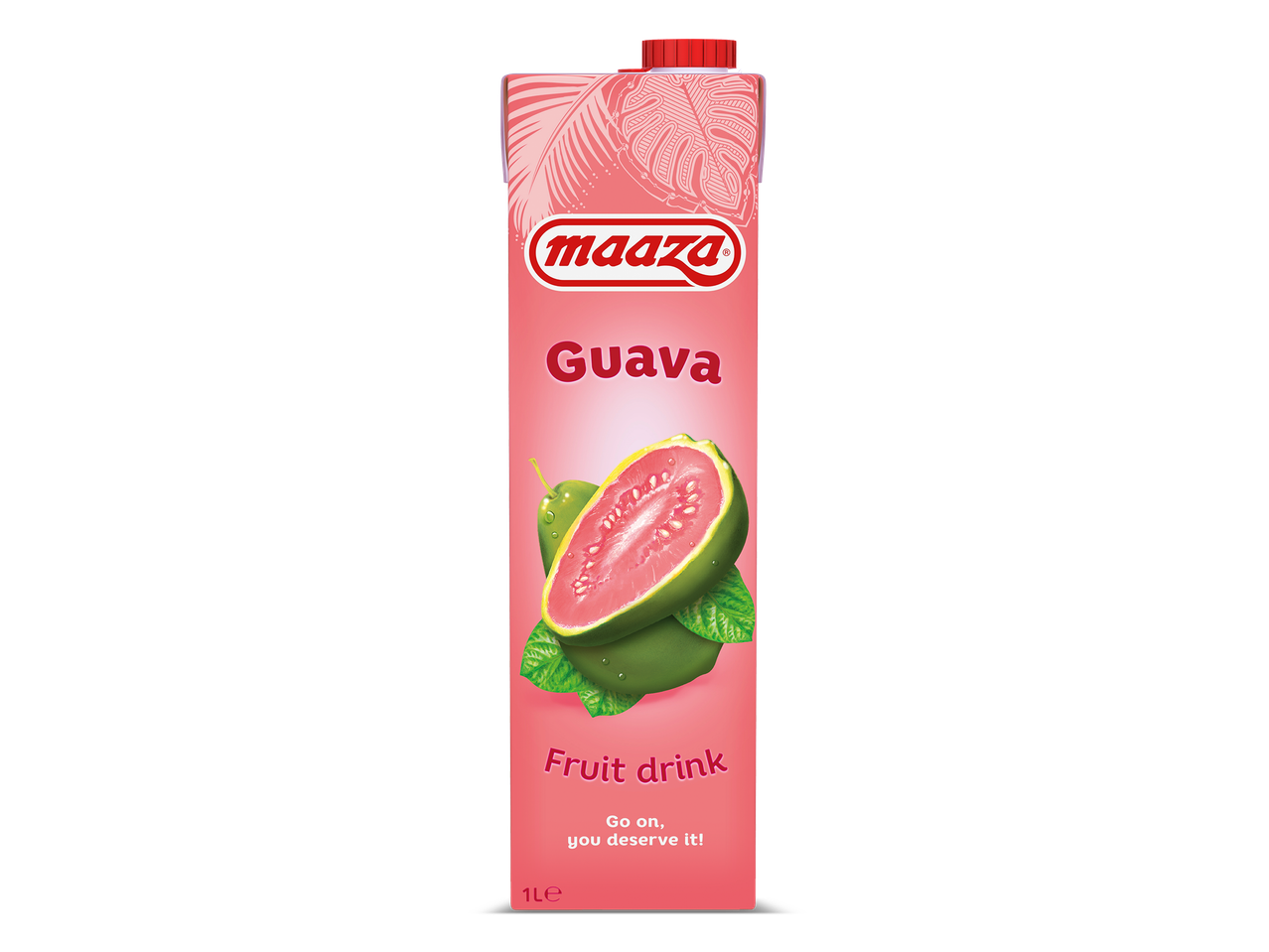 Roze guavevruchtendrank in een kartonnen verpakking met een afbeelding van guavevruchten.