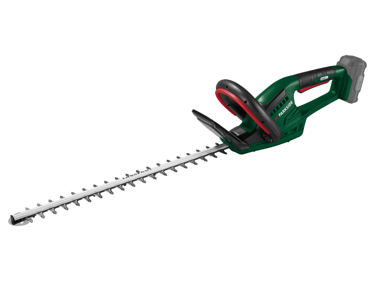 Žalias ir juodas akumuliatorinis gyvatvorių žirklės su ilgu, aštriu peiliu.