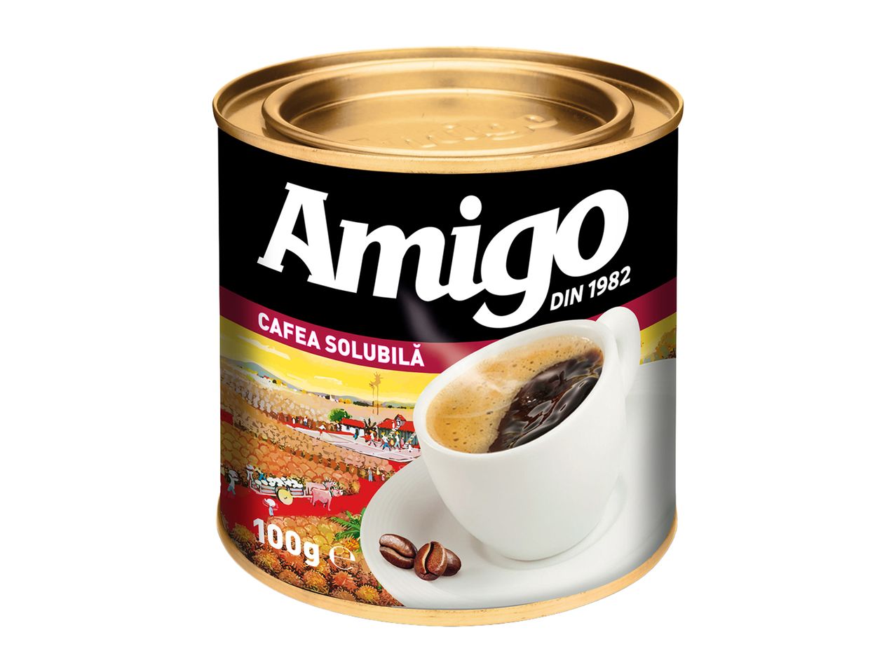 Cutie de cafea instant cu o ceașcă de cafea și boabe de cafea, pe un fundal cu o plantație.