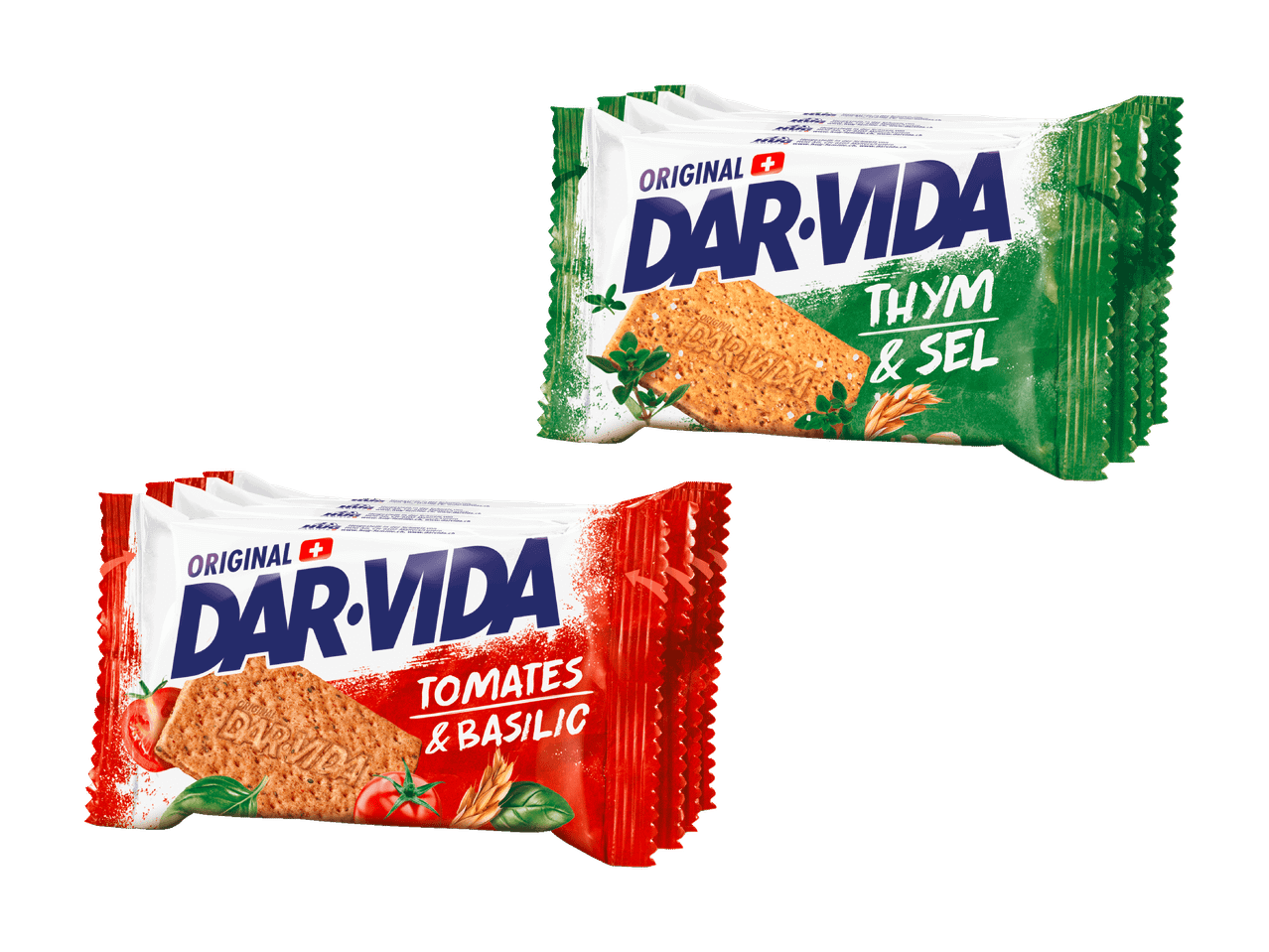 Zwei Packungen Cracker, eine mit Thymian und Salz, die andere mit Tomaten und Basilikum.