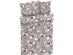 Floral bedding set with pale pink flowers on a sage green background.
