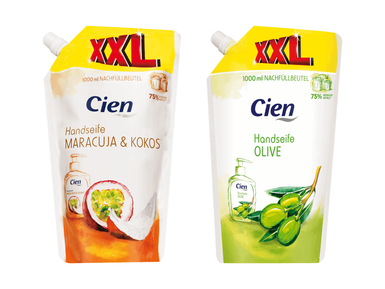 Zwei Cien XXL Flüssigseifen-Nachfüllbeutel, einer mit Maracuja & Kokos, der andere mit Olive.