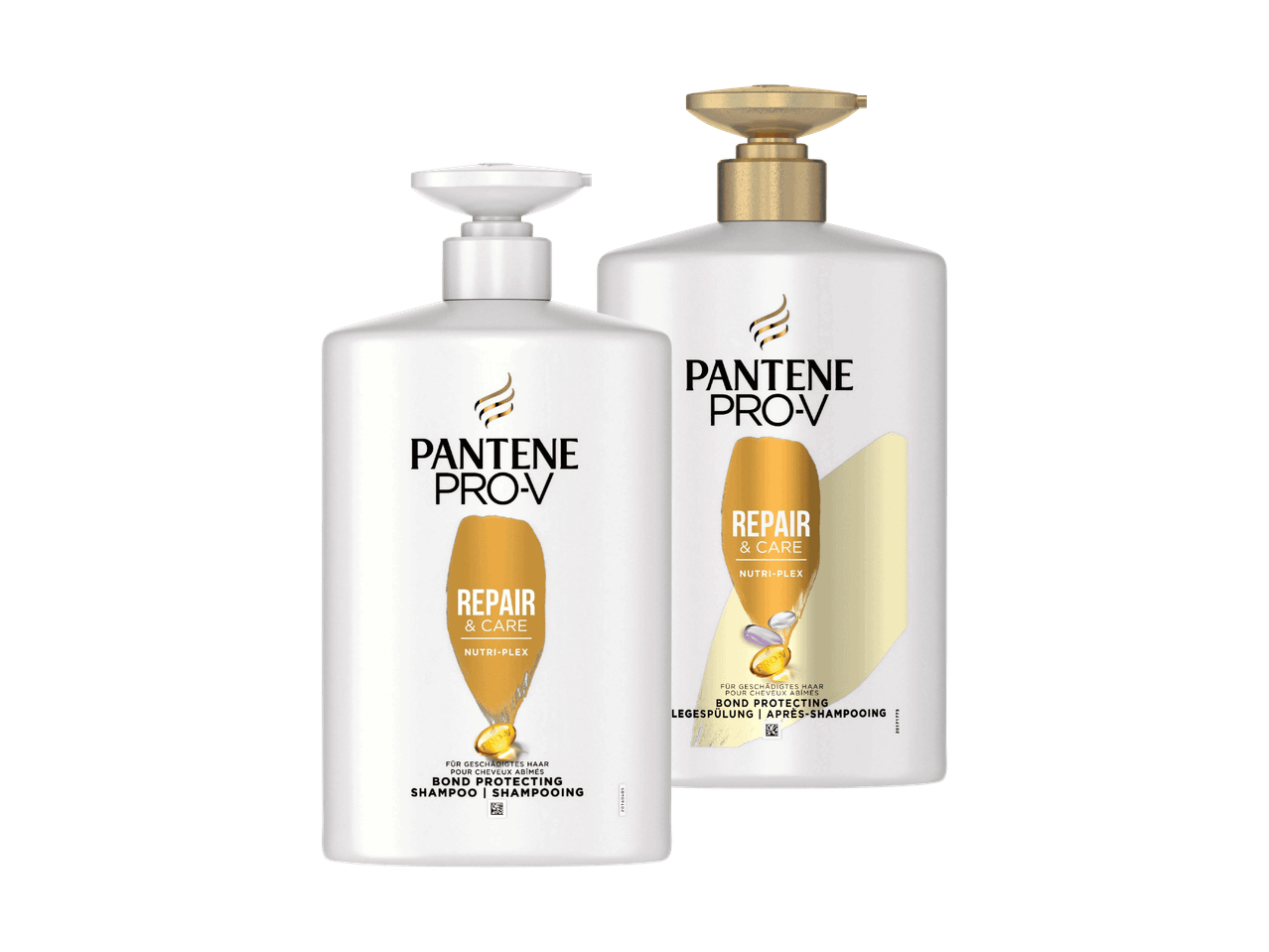 Zwei weiße Flaschen mit goldenen Pumpköpfen, beschriftet mit „Repair & Care“ und „Bond Protecting“.