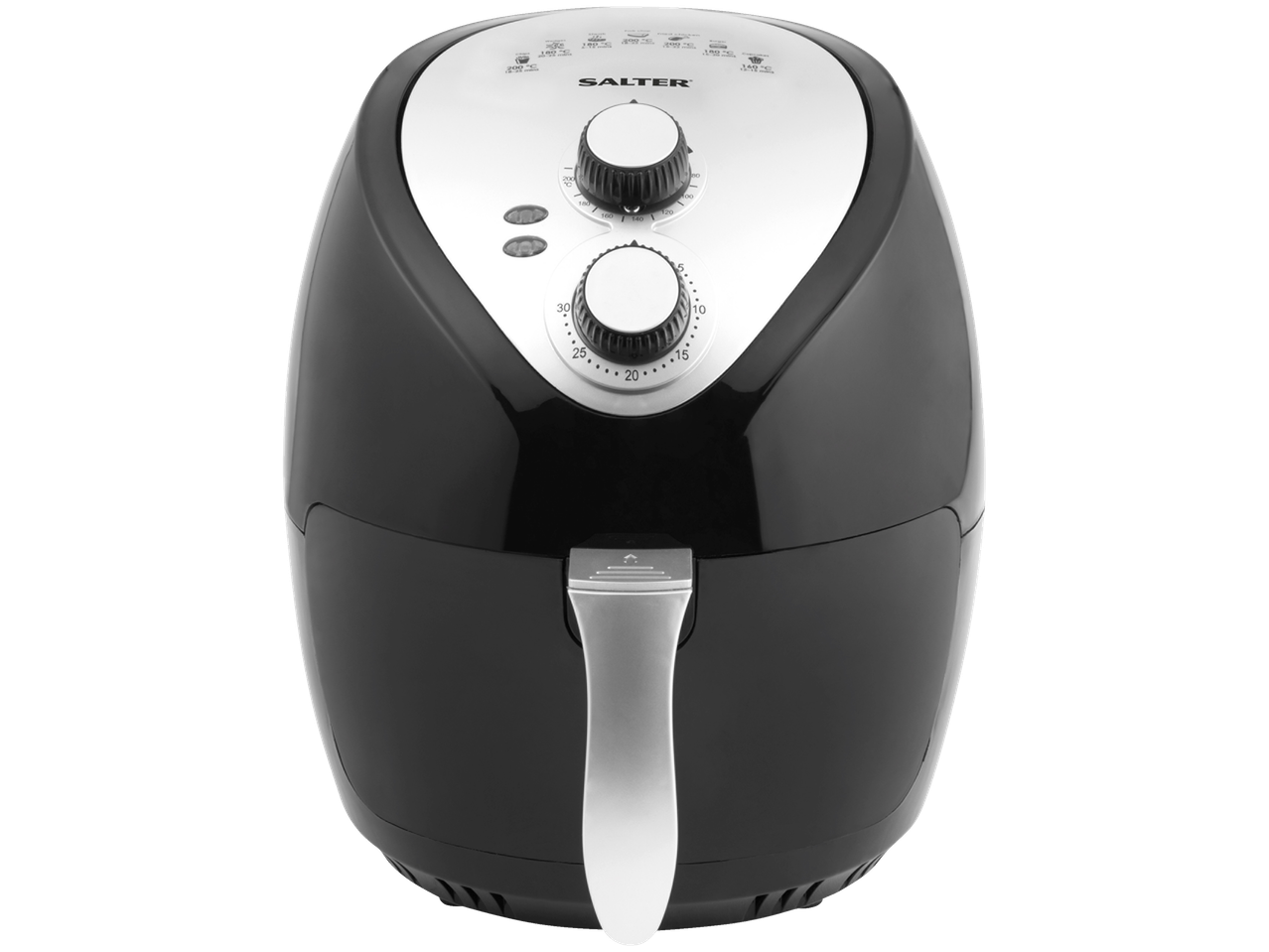 A black Salter air fryer with silver accents and control knobs.