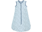A light blue baby sleeping bag with dark and light blue polka dots and a front zipper.