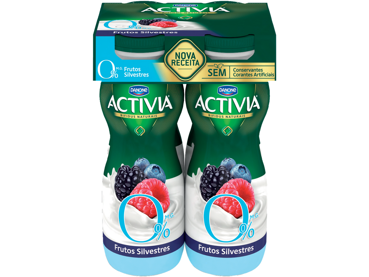 Duas bebidas lácteas Activia de frutas silvestres, 0% gordura e nova receita.