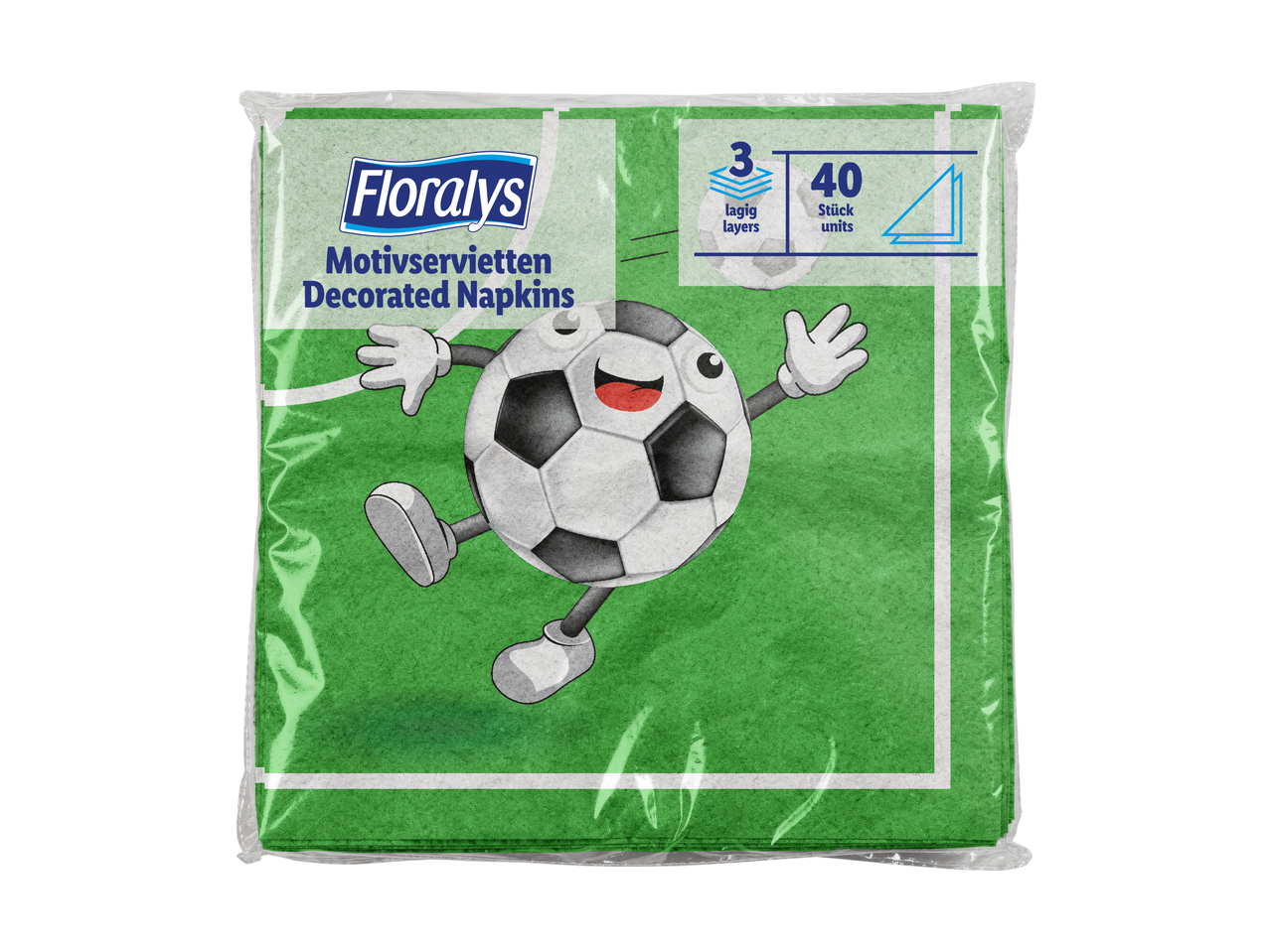 Guardanapos FLORALYS com design de campo de futebol e bola de futebol sorridente, 40 unidades, 3 camadas.