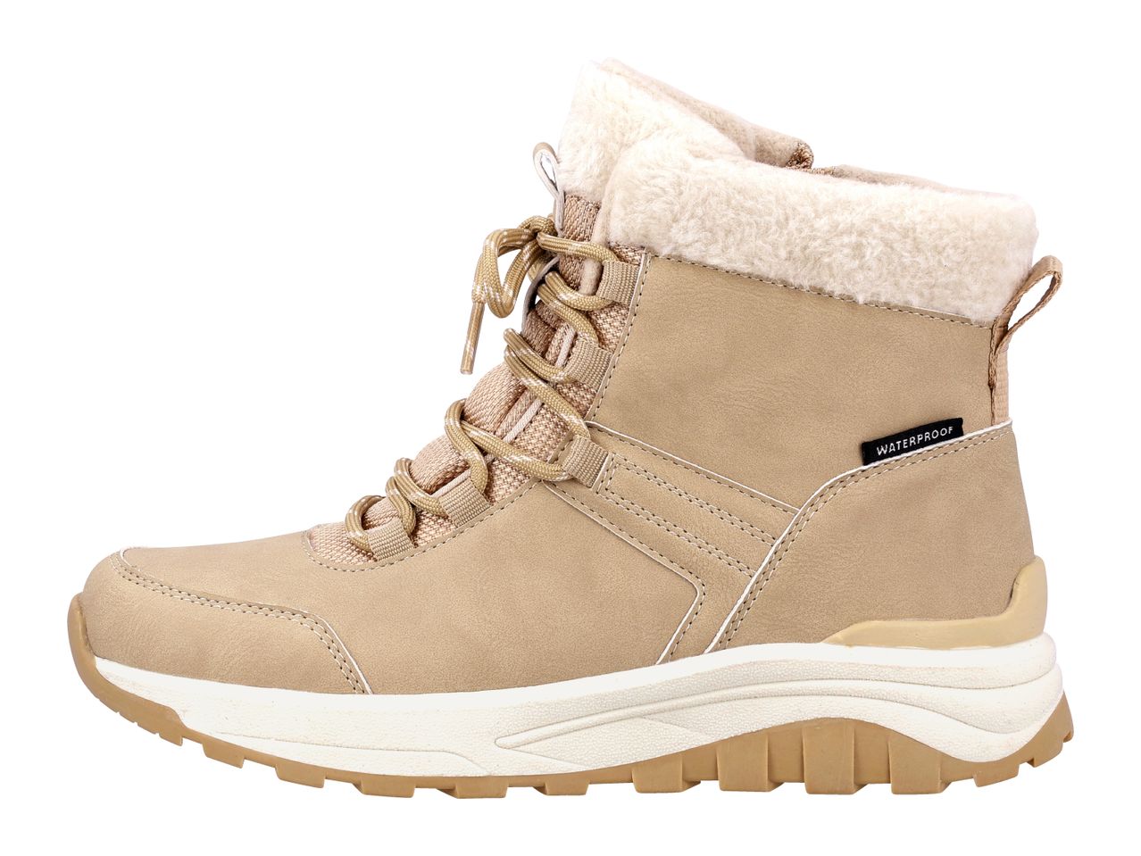 Beige waterproof winter boot with faux fur lining and laces