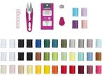 Colorful threads, scissors, needles, thimble, and tape measure.
