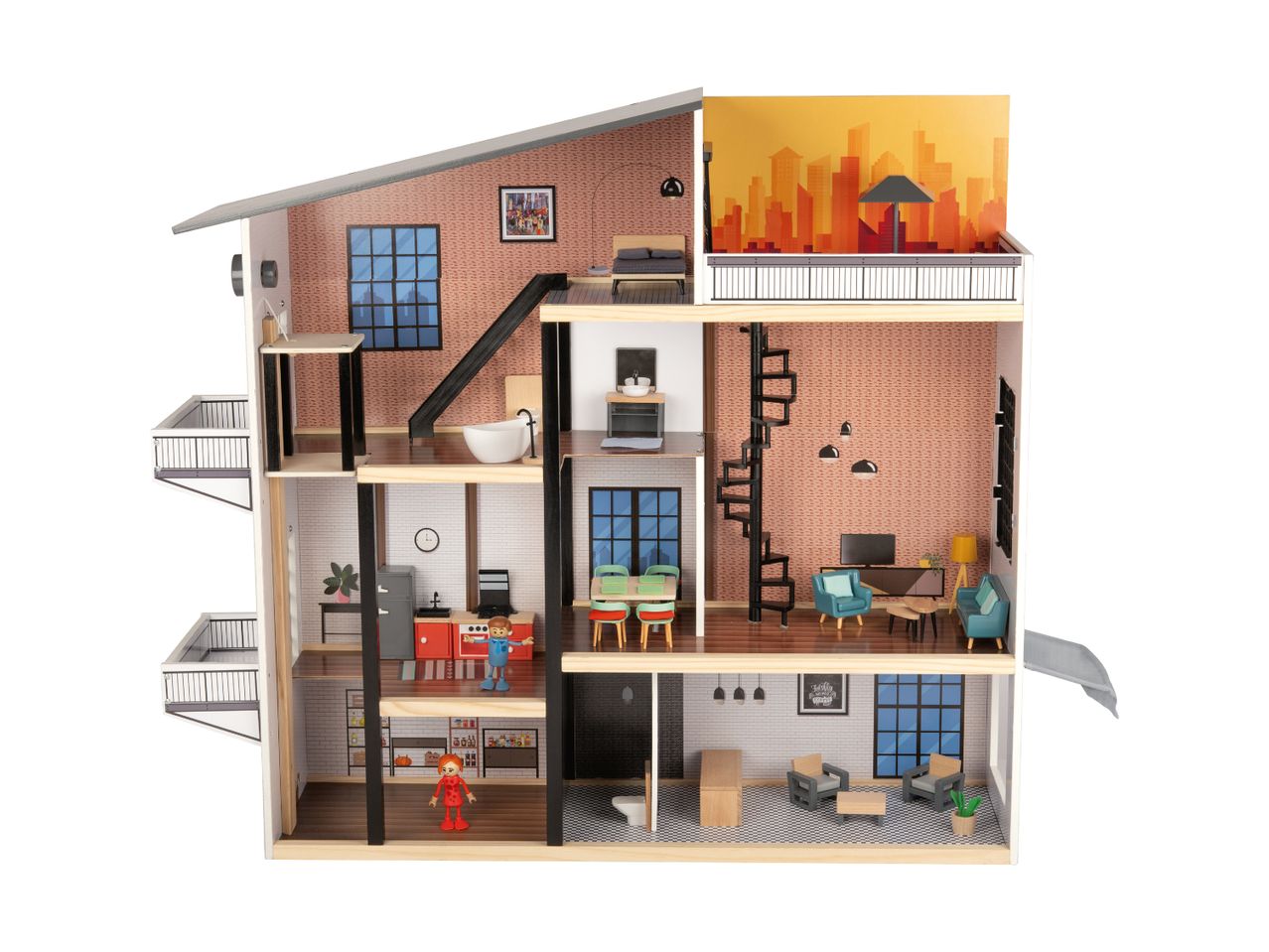 Multi-story dollhouse with furniture, accessories, and two doll figures.