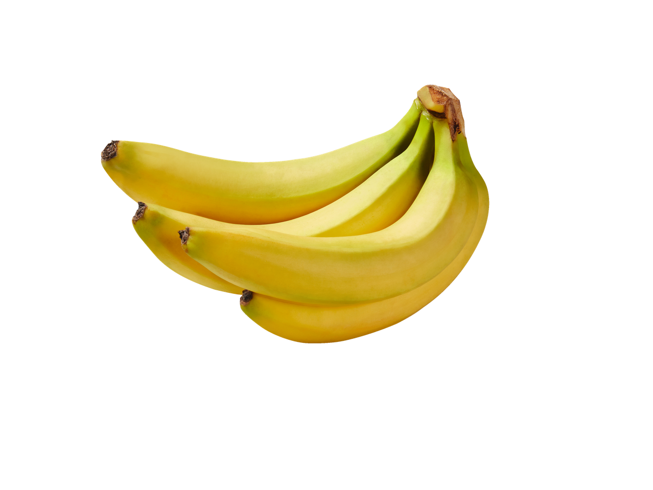 Geltonų, prinokusių bananų kekė juodame fone.
