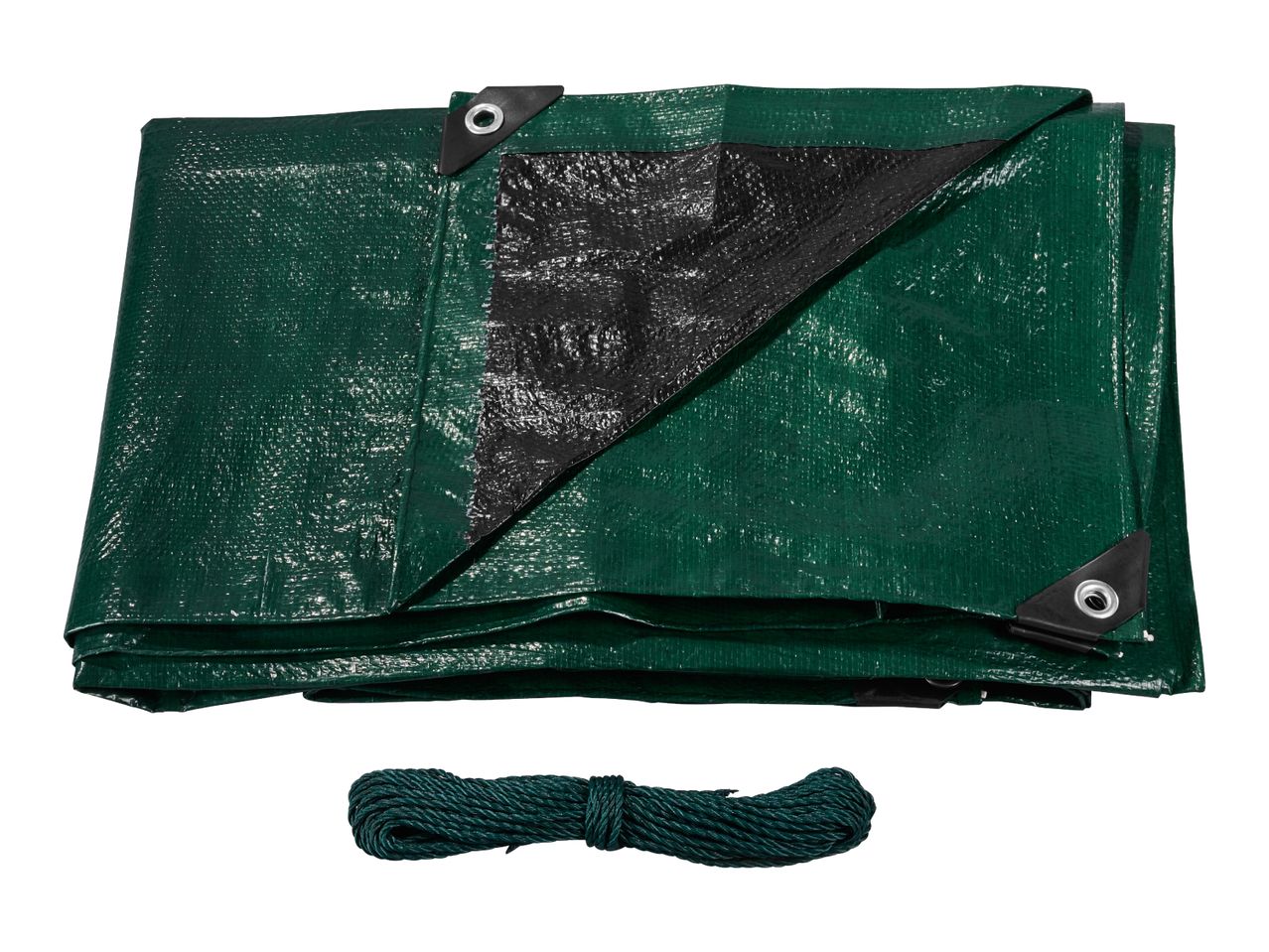 Green tarpaulin with black reinforced corners and a coiled green rope.