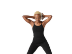 Woman in black CRIVIT functional tank top and leggings holding a fitness ball.