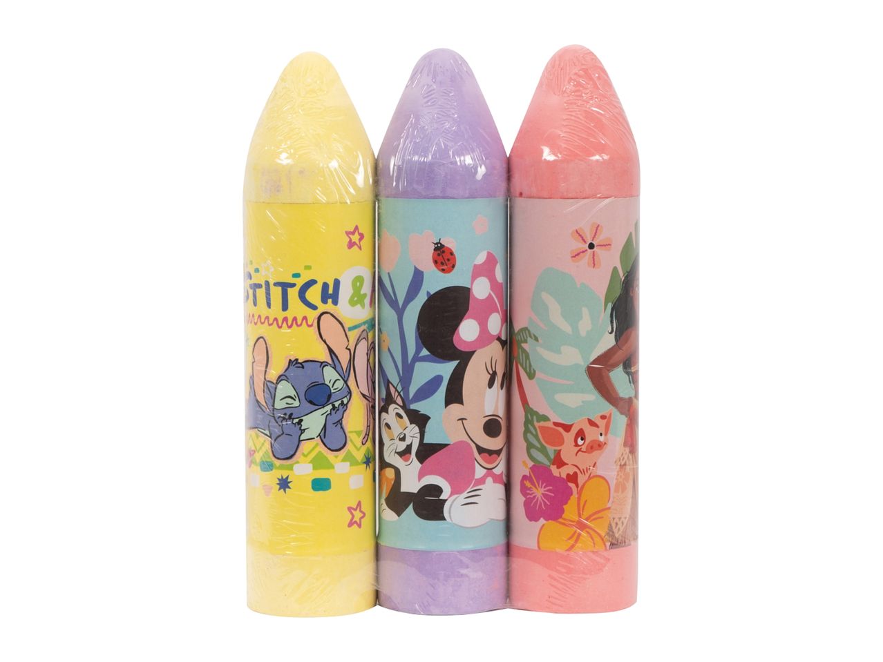 Three large, colorful chalk sticks featuring cartoon characters like Stitch, Minnie Mouse, and Moana.