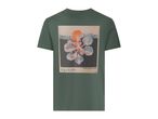 Dark green t-shirt with a graphic print of an abstract flower in orange and white, with text 'Original pattern' and 'PROSPER IN TIMELESS SPACE'.