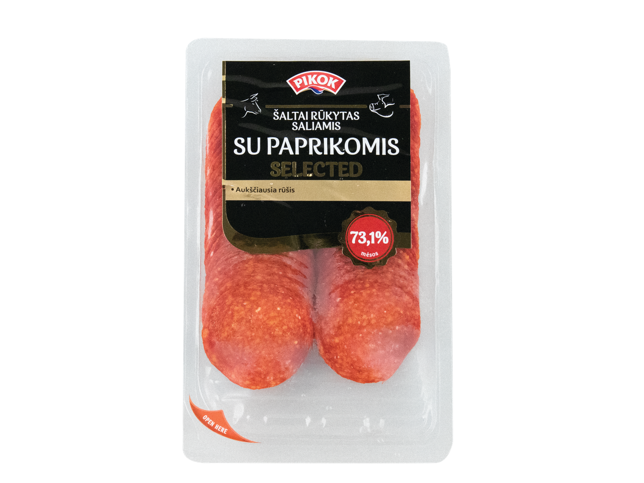 Pikok Selected saliamis su paprikais: riekelėmis šalto rūkymo dešra.