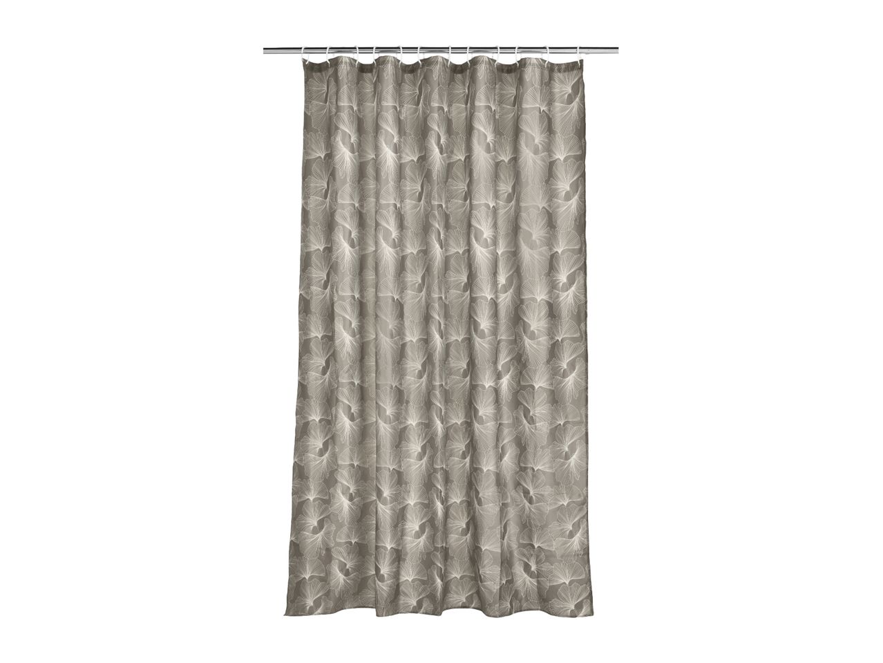Grey shower curtain with a white ginkgo leaf pattern, hanging from a silver rod.
