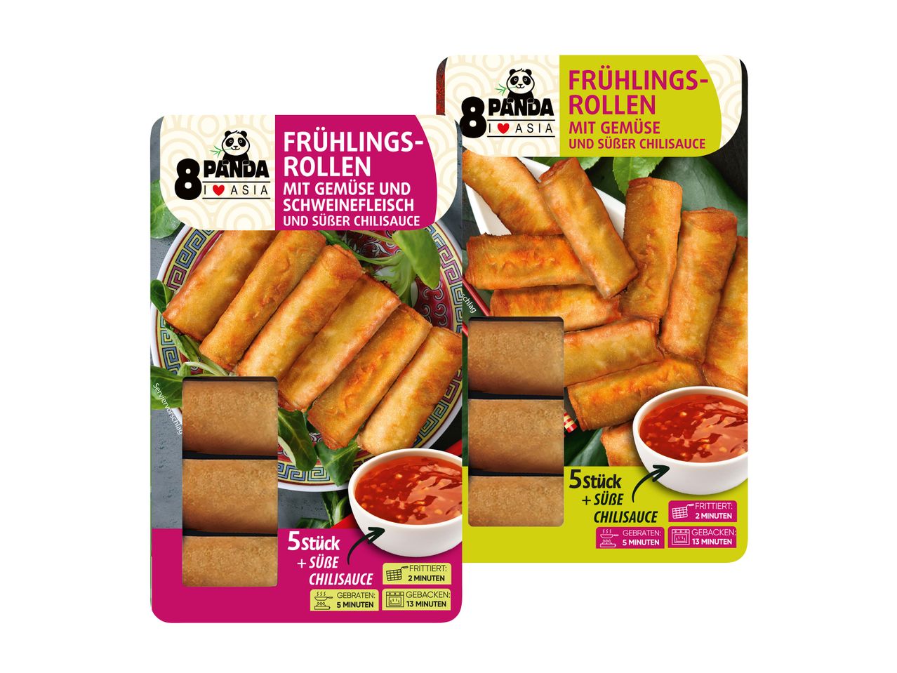 8 Panda Asia Frühlingsrollen mit Gemüse und Schweinefleisch, süß-scharfe Chilisauce.