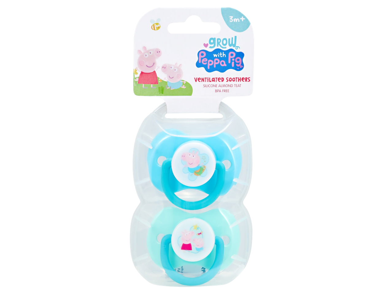 Grow with Peppa Pig ventilated soothers with silicone almond teats.