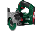 Cortador de azulejos sem fio Parkside 20 V, verde e cinzento, com disco de corte.