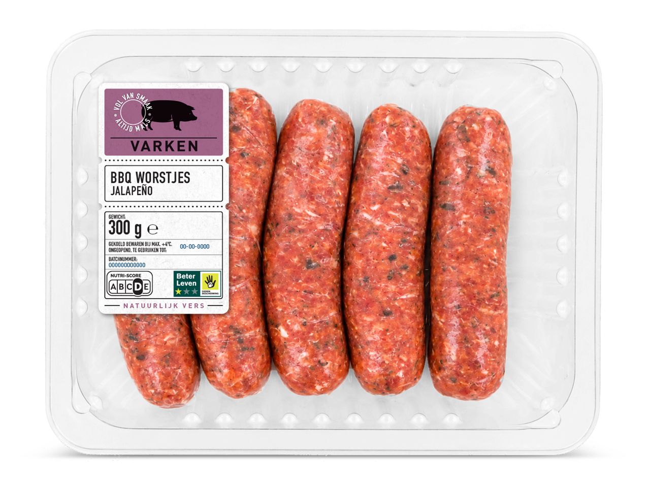 Verpakking met vijf jalapeño BBQ-worstjes van varkensvlees, 300g, met Nutri-Score A en 3 Beter Leven sterren.