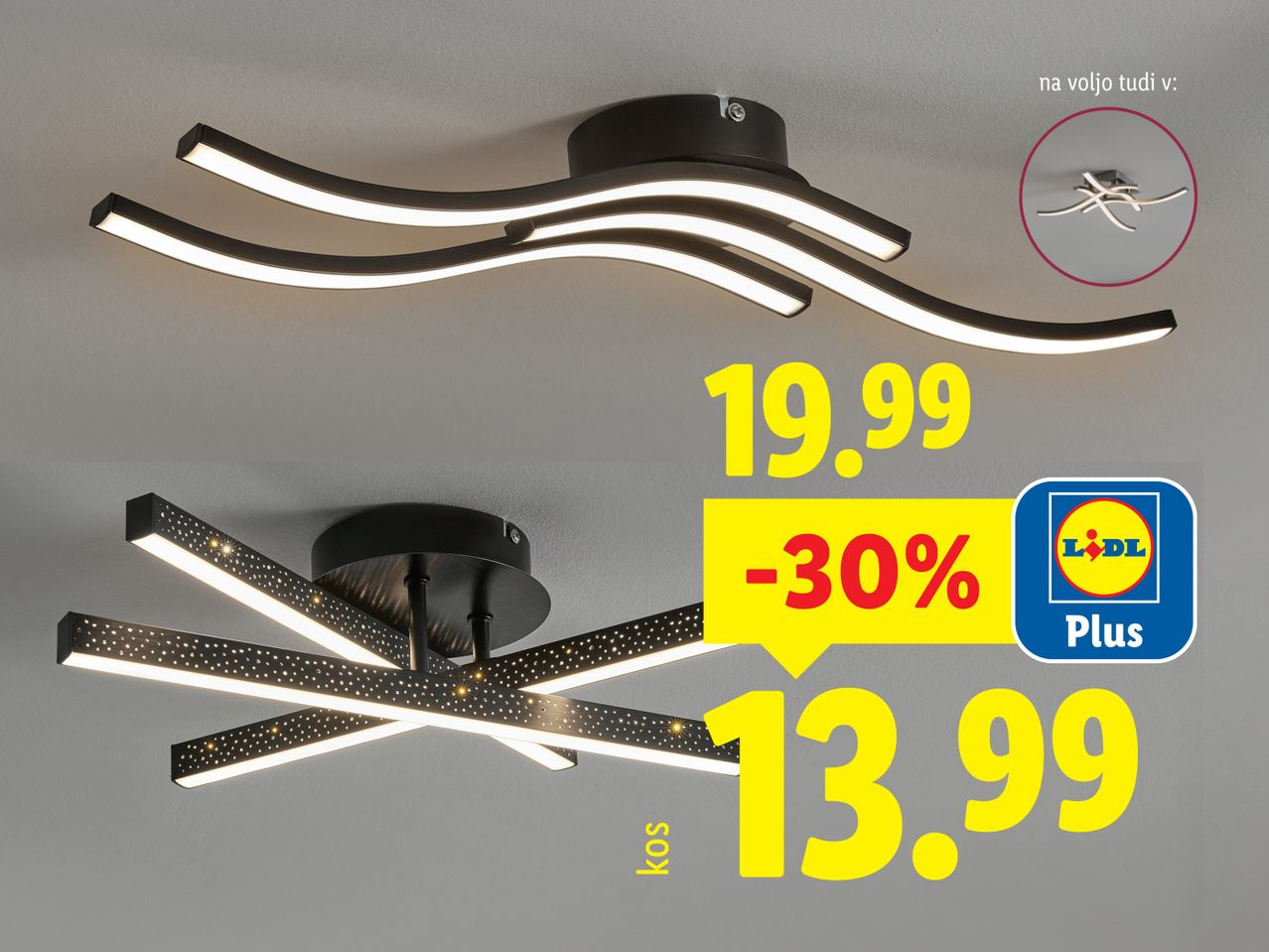 Stropne LED luči v dveh različnih izvedbah, ena valovita in druga z zvezdnatim vzorcem, z znižano ceno.