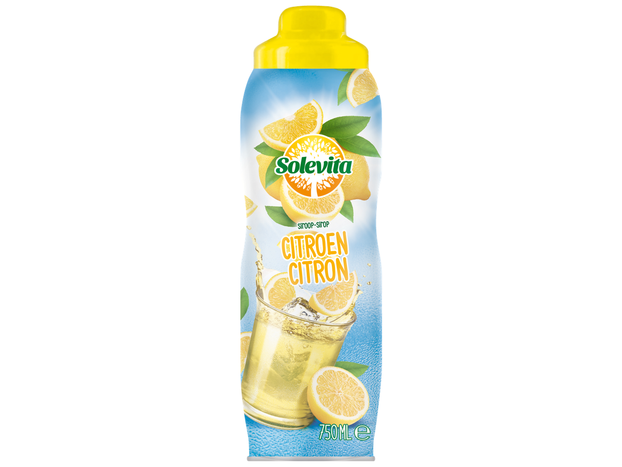 Bouteille de sirop Solévita Citron avec des citrons et un verre de limonade.