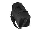 Black duffel bag with shoulder strap and top handles.