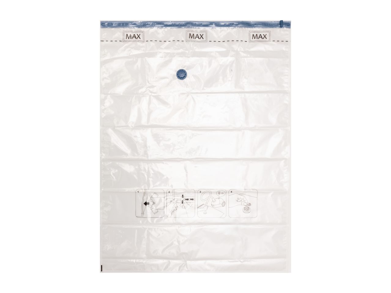 Clear vacuum storage bag with a blue seal, valve, and usage instructions.