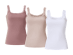 Tre ribstrikkede undertrøjer med blondekant i rosa, beige og hvid.