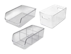 Drei transparente Ordnungsboxen aus Kunststoff in verschiedenen Ausführungen.