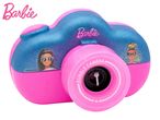 Pink and blue toy camera with glitter, featuring cartoon faces and the text 'Bubble Camera'.
