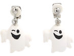 Two white ghost-shaped Halloween earrings with winking faces.