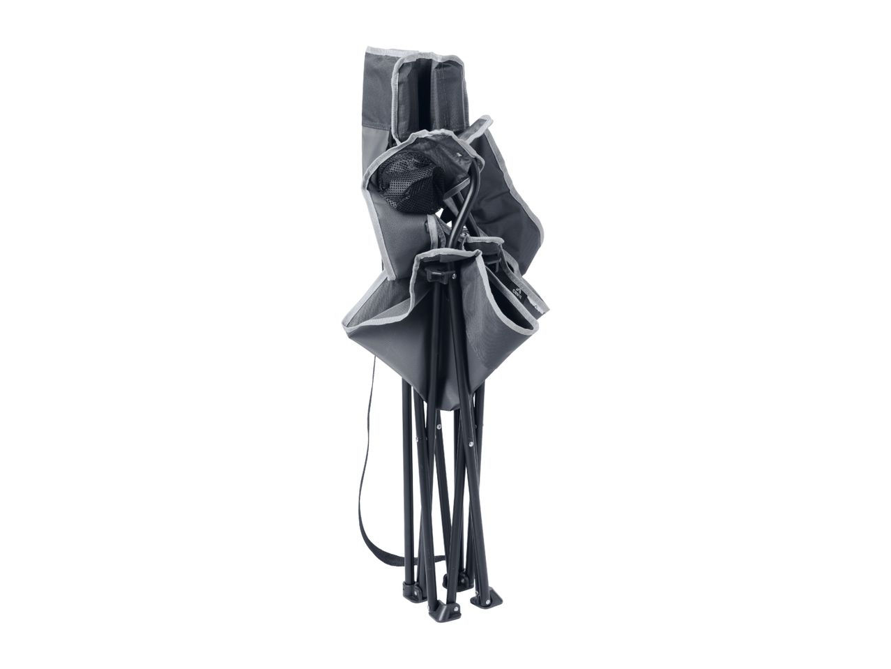 Folded gray camping chair with black frame and strap, side view.