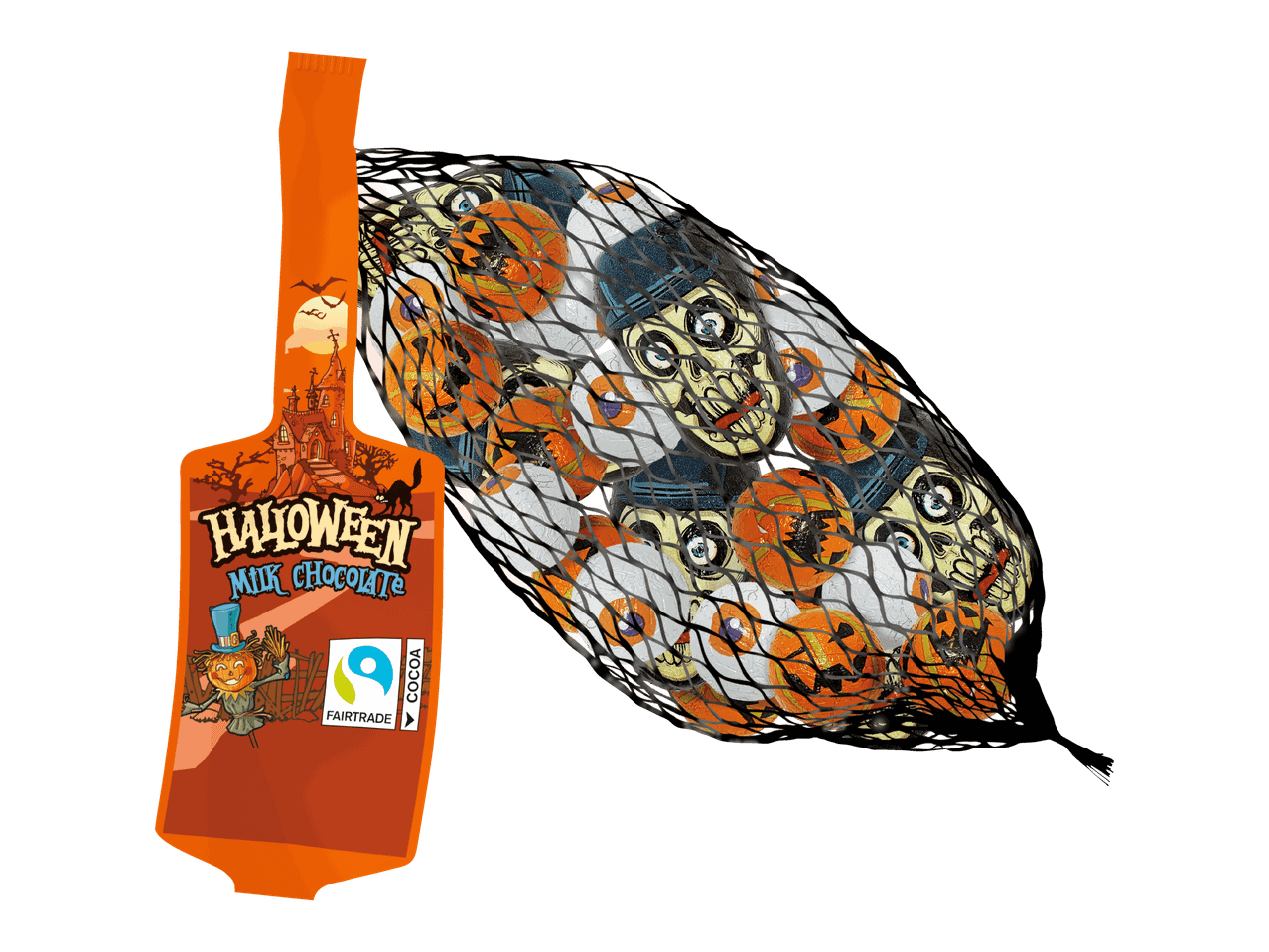 Verkkopussi täynnä Halloween-aiheisia maitosuklaahahmoja.