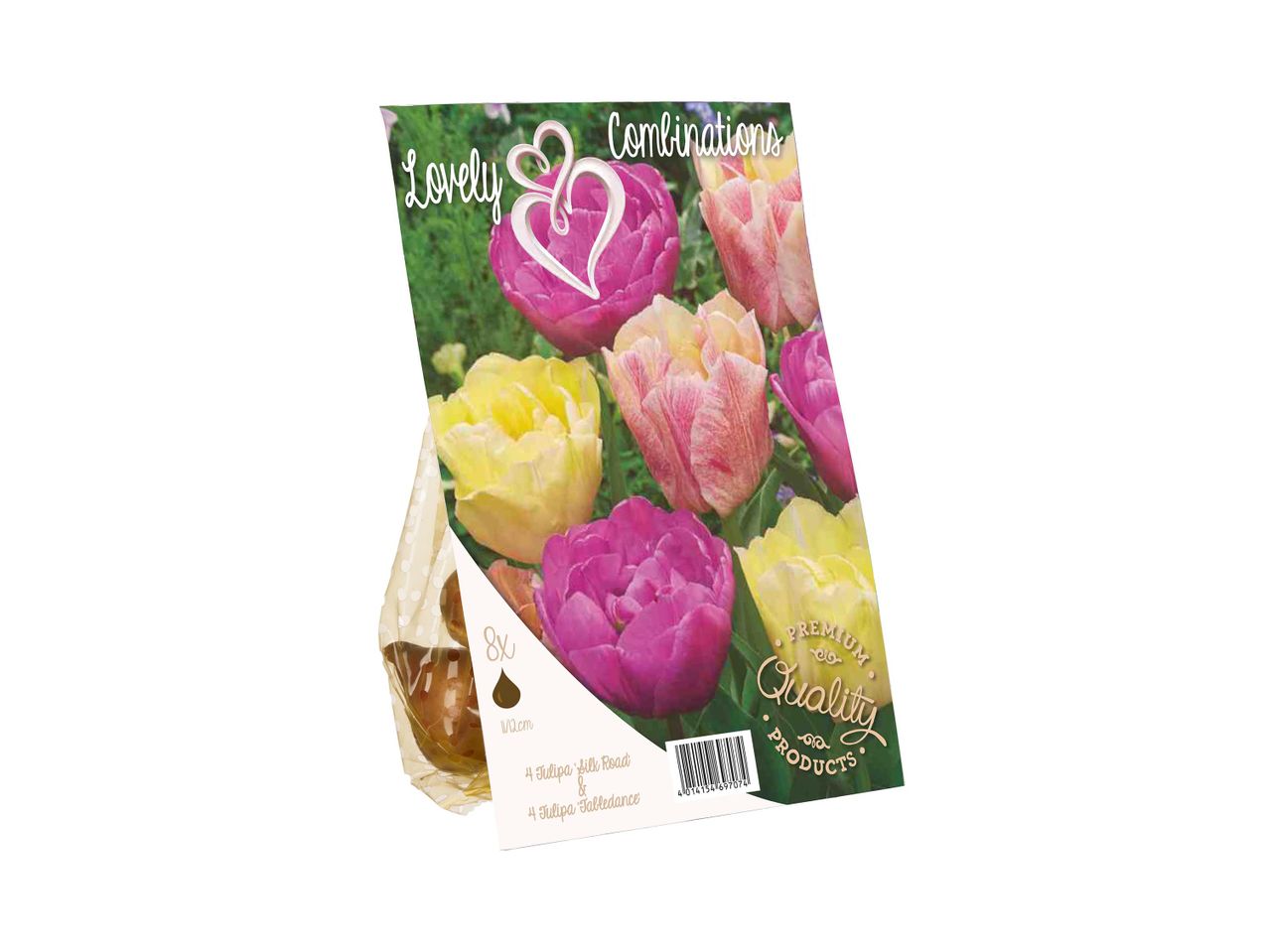 Csomagolás tulipánhagymákkal, „Lovely Combinations” felirattal és „Premium Quality Products” logóval.