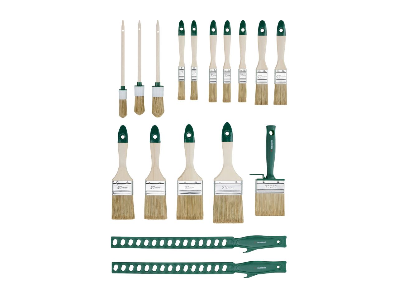 A set of various paintbrushes and two paint comb tools by Parkside.