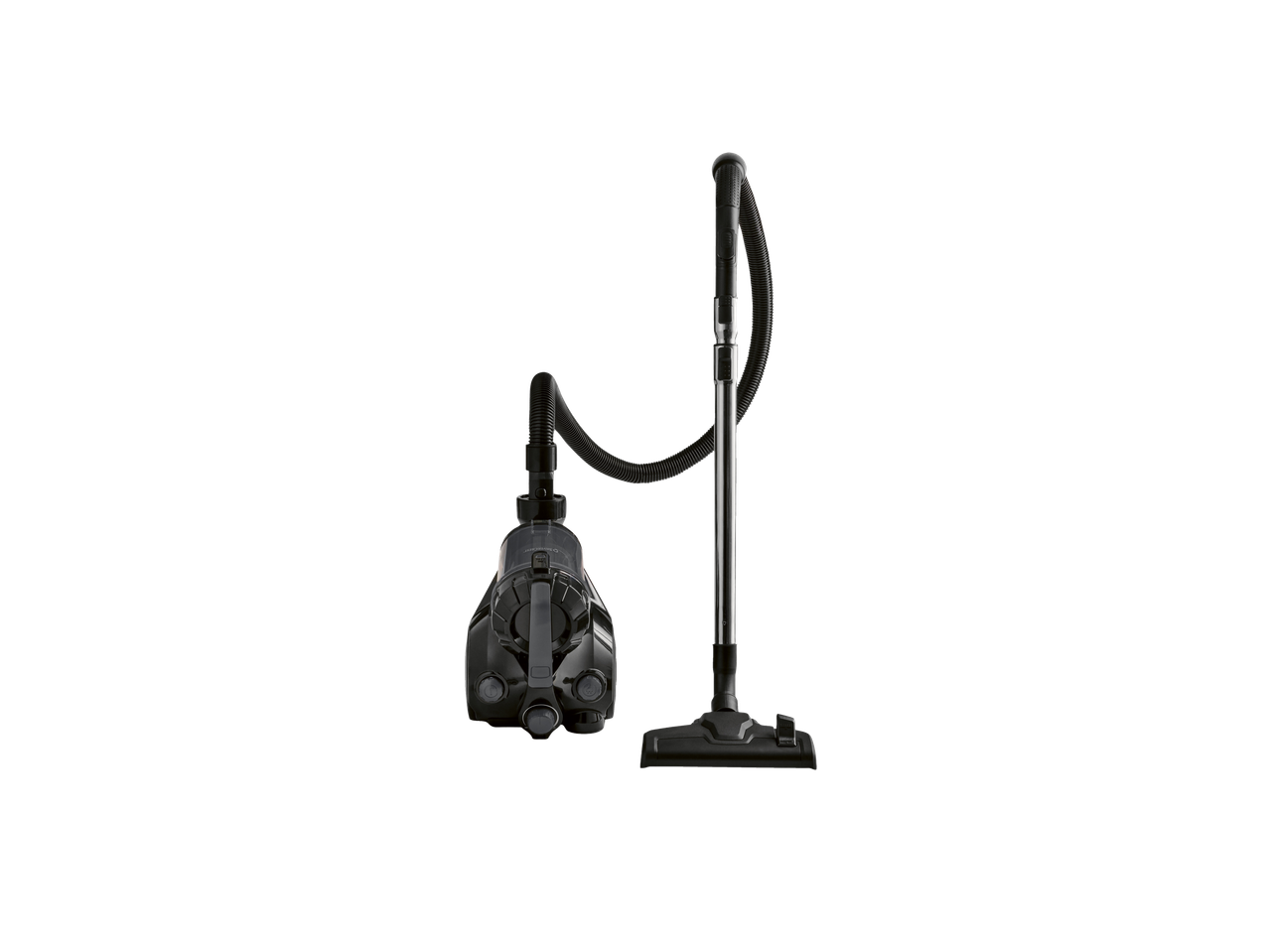 Aspirador Silvercrest® com mangueira e acessório de chão sobre fundo preto.
