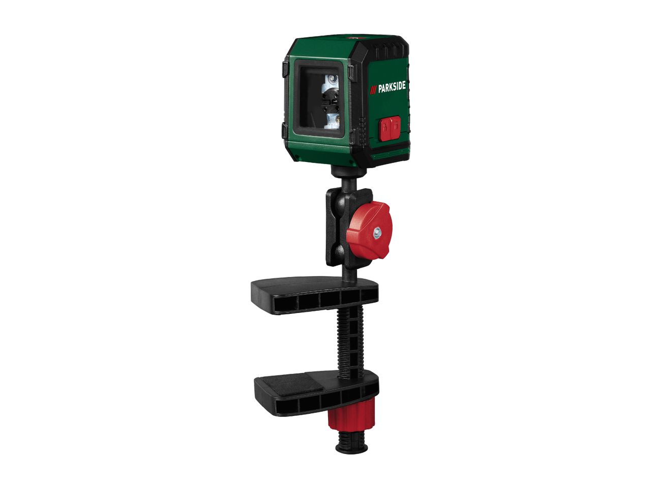 A green laser level with a black and red clamp mount.