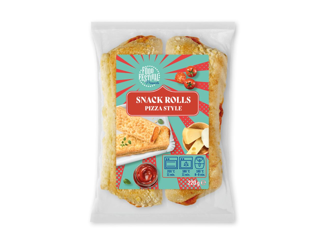 Pakke med pizzaruller med instruktioner til tilberedning og vægt på 220g.