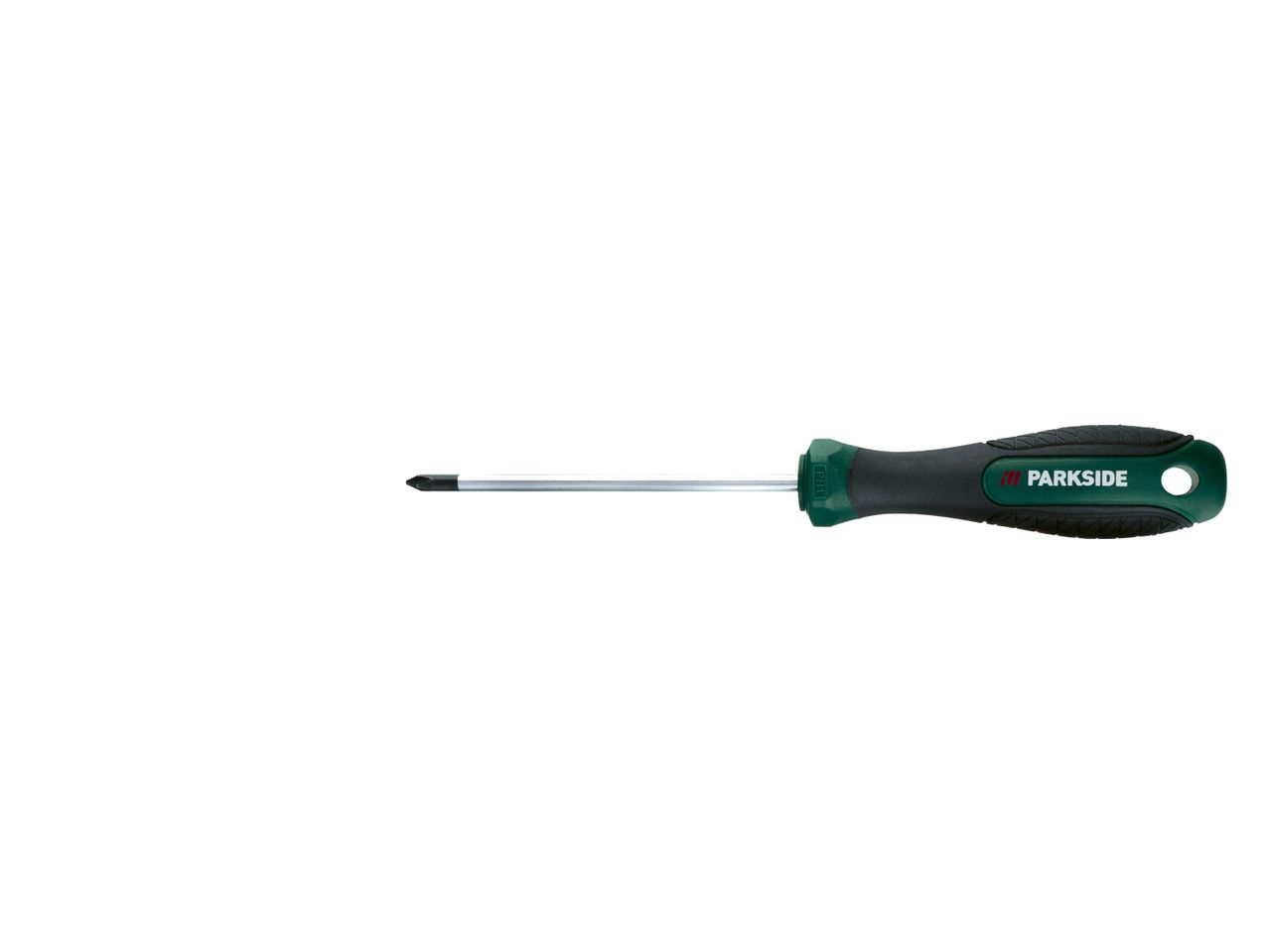 A Parkside Phillips head screwdriver with a green and black handle.
