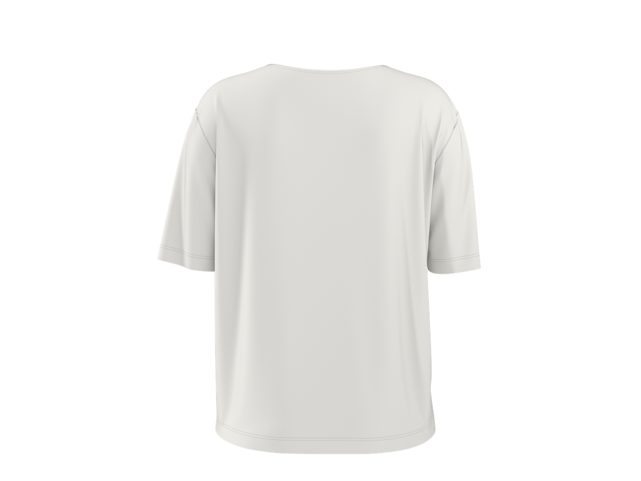 Valge lühikeste varrukatega T-särk, tagantvaade.