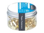 Crelando gold paper fasteners in a clear jar with a silver lid.