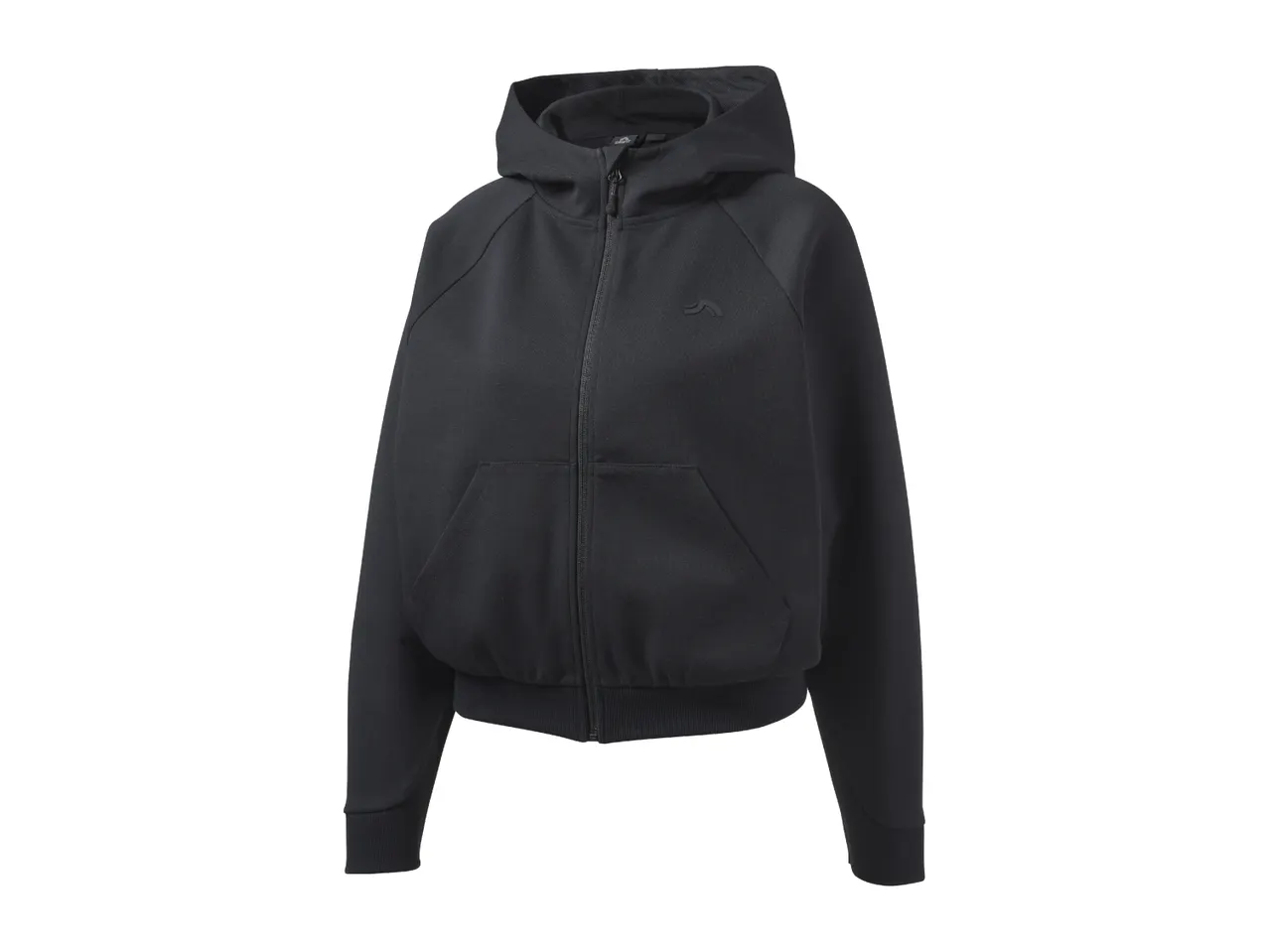 Black full-zip hoodie with a small logo on the chest and a kangaroo pocket.