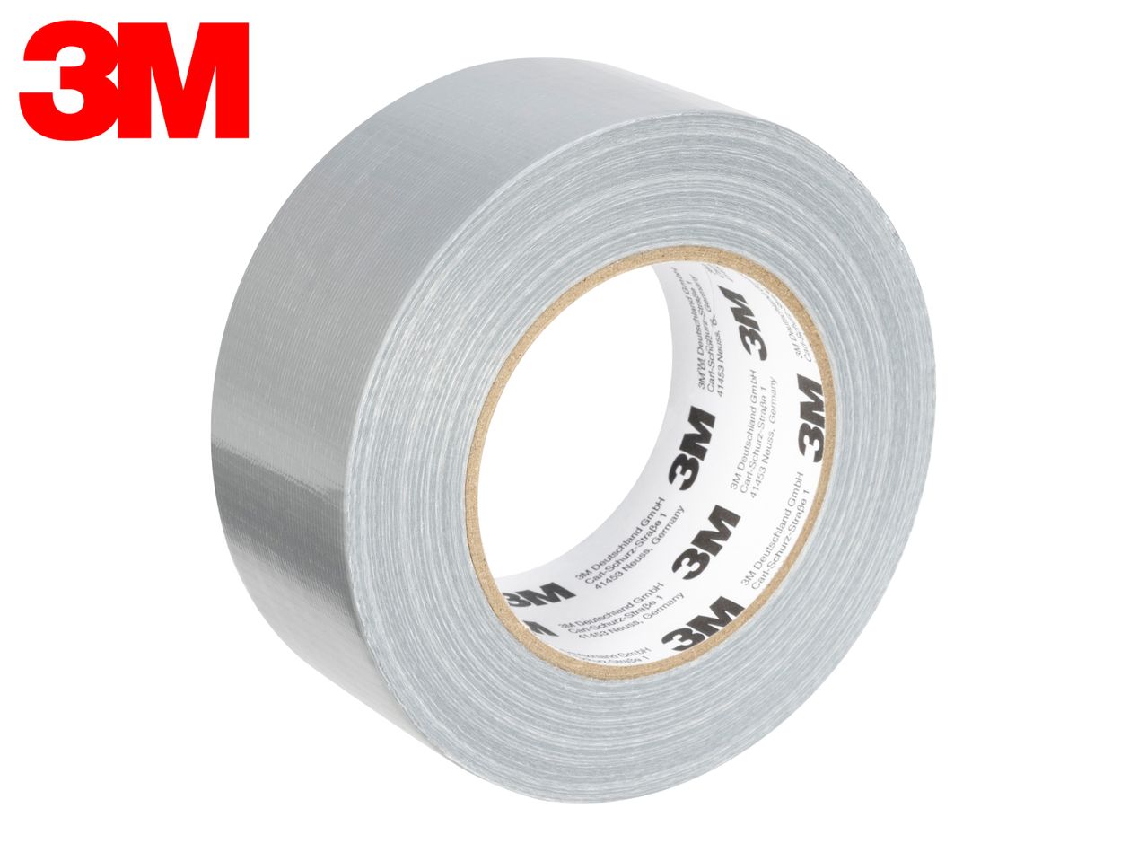 A roll of silver duct tape with company information printed on the inner core.