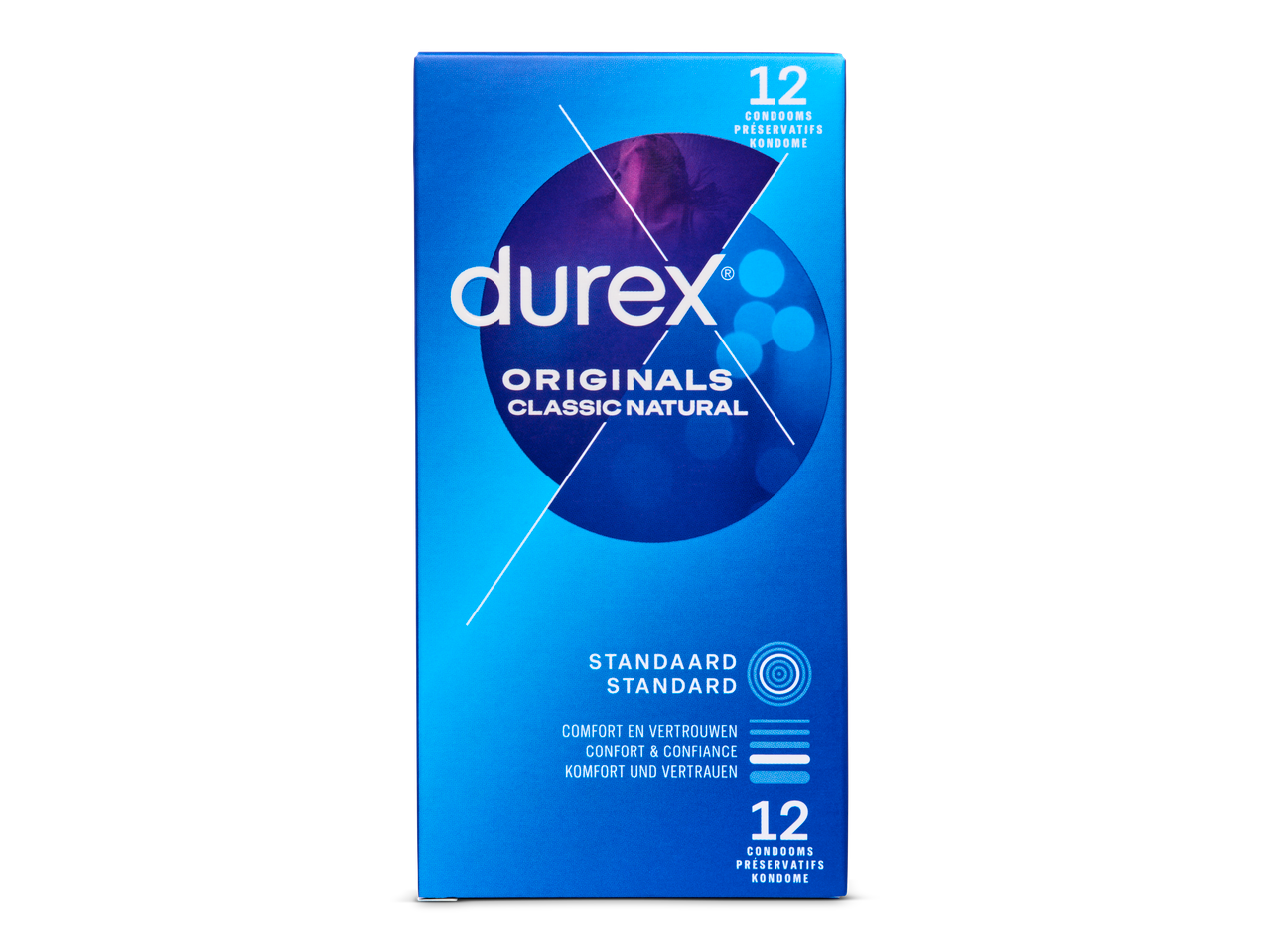 Durex Originals Classic Natural condooms, 12 stuks, in blauwe verpakking.